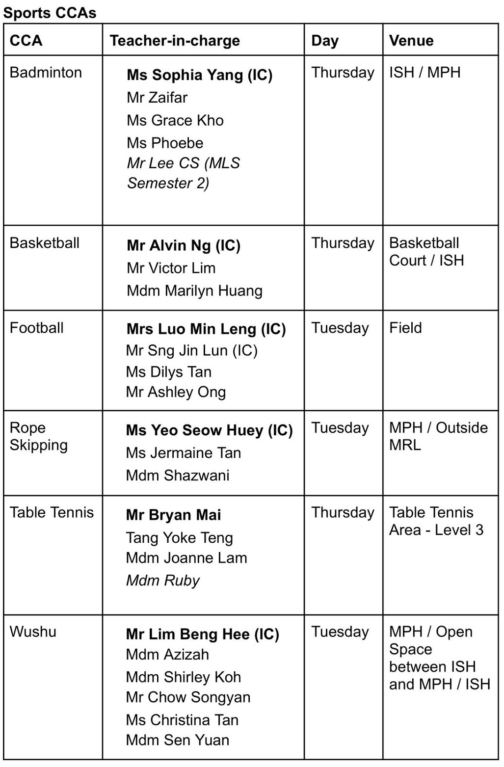 CCA Schedule