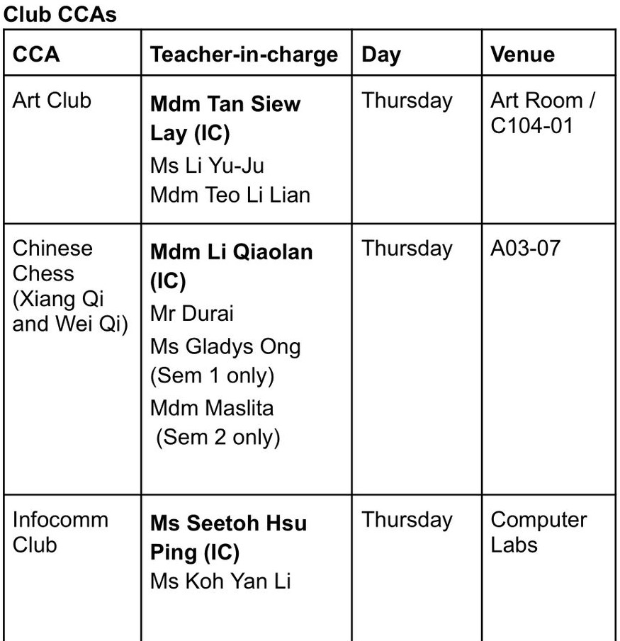 CCA Schedule